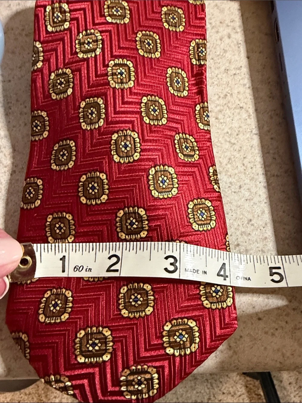 Robert Talbott Silk Necktie Red  Gold Square Print Handsewn - Picture 8 of 8